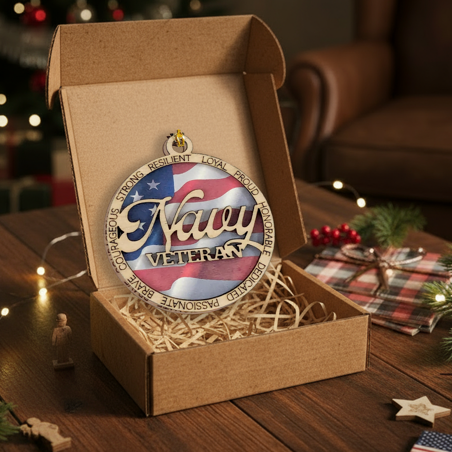 Navy Wooden Christmas Ornament - Handcrafted 3" Laser Cut Patriotic Military Decor - Great Soldier Gift