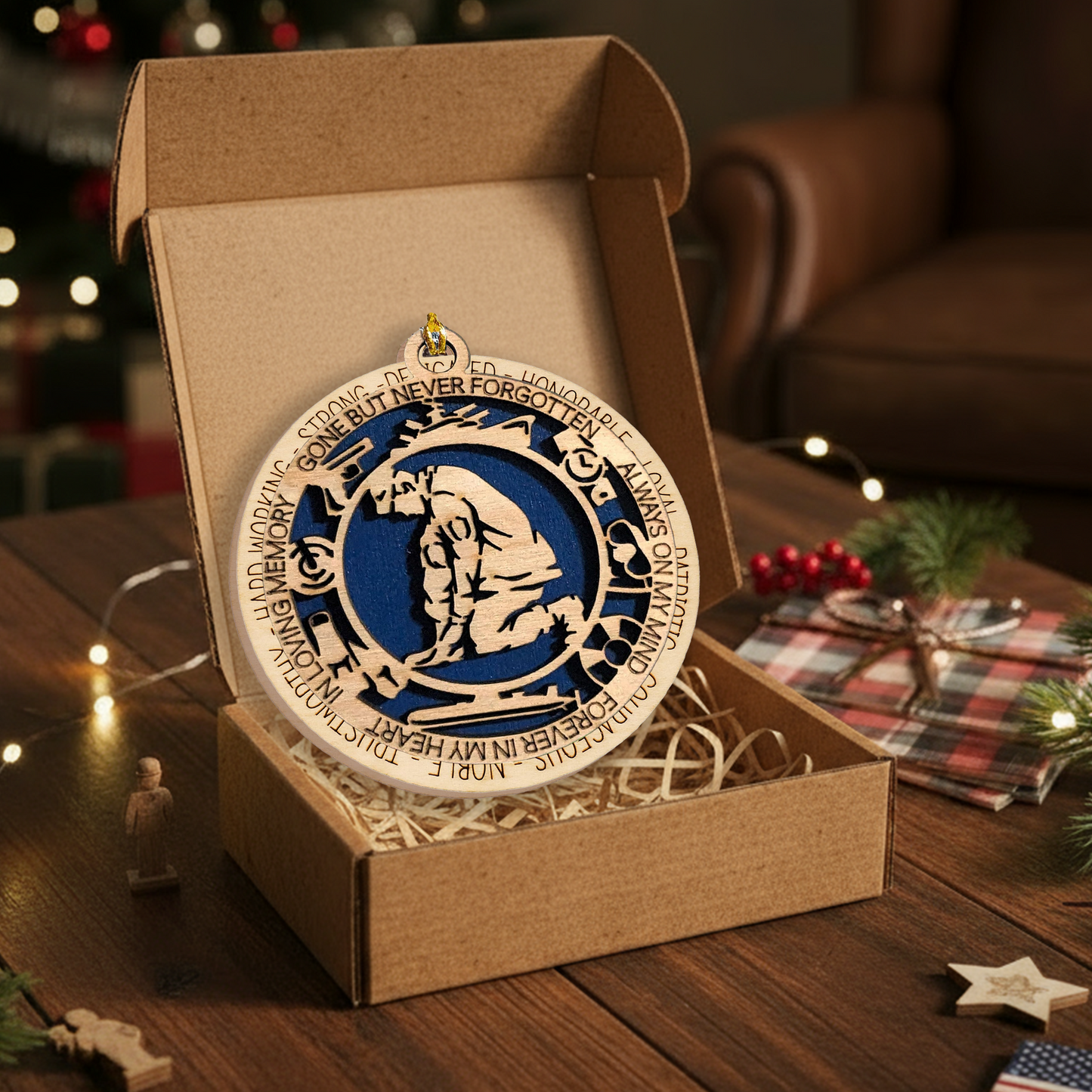 Memorial Ornament - Custom Engraved Wood Keepsake for Military Veteran