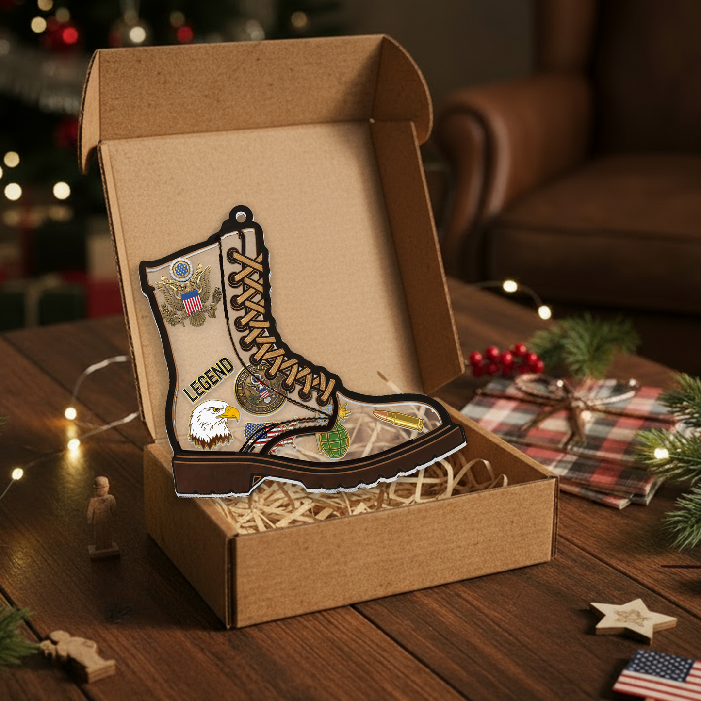 Personalized Military Legend Combat Boot Ornament | Layered Shaker Keepsake for Veterans & Soldiers