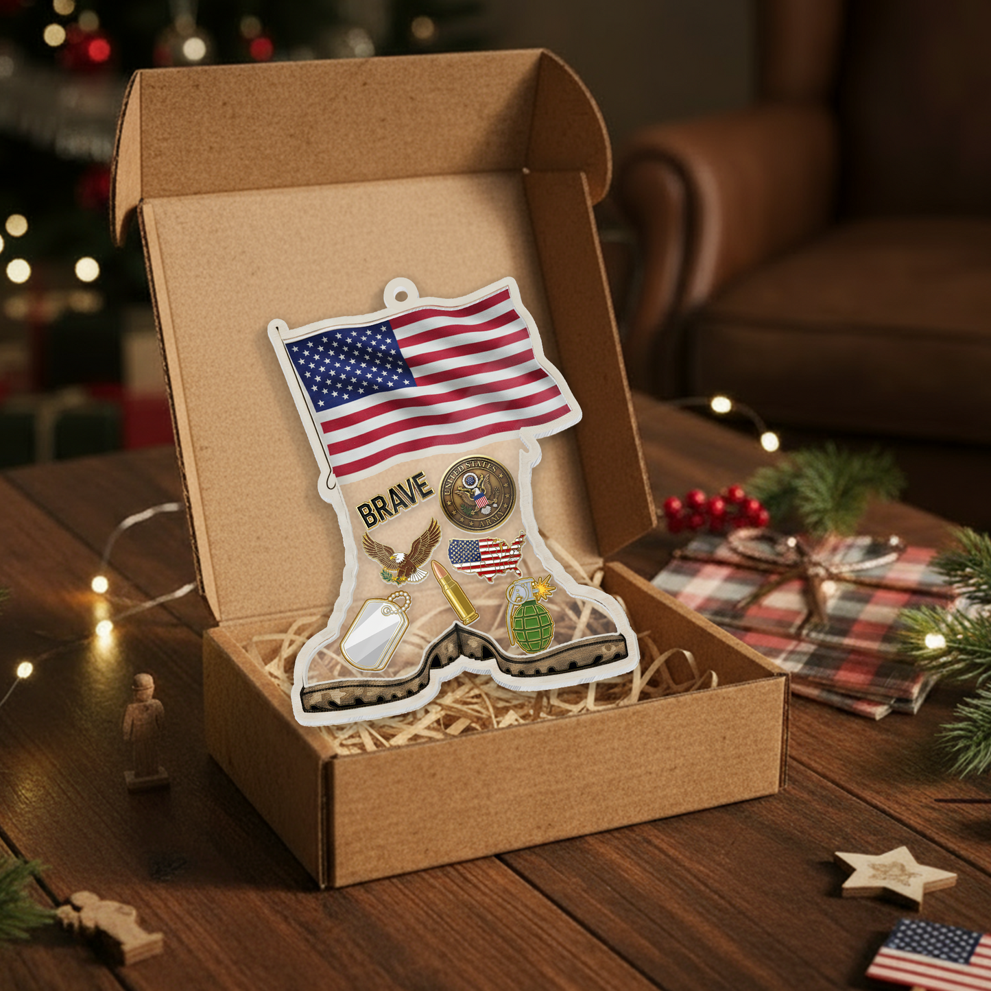 Personalized 'Brave Soldier' Boots & Flag Ornament | Shaker Keepsake with Custom Dog Tag