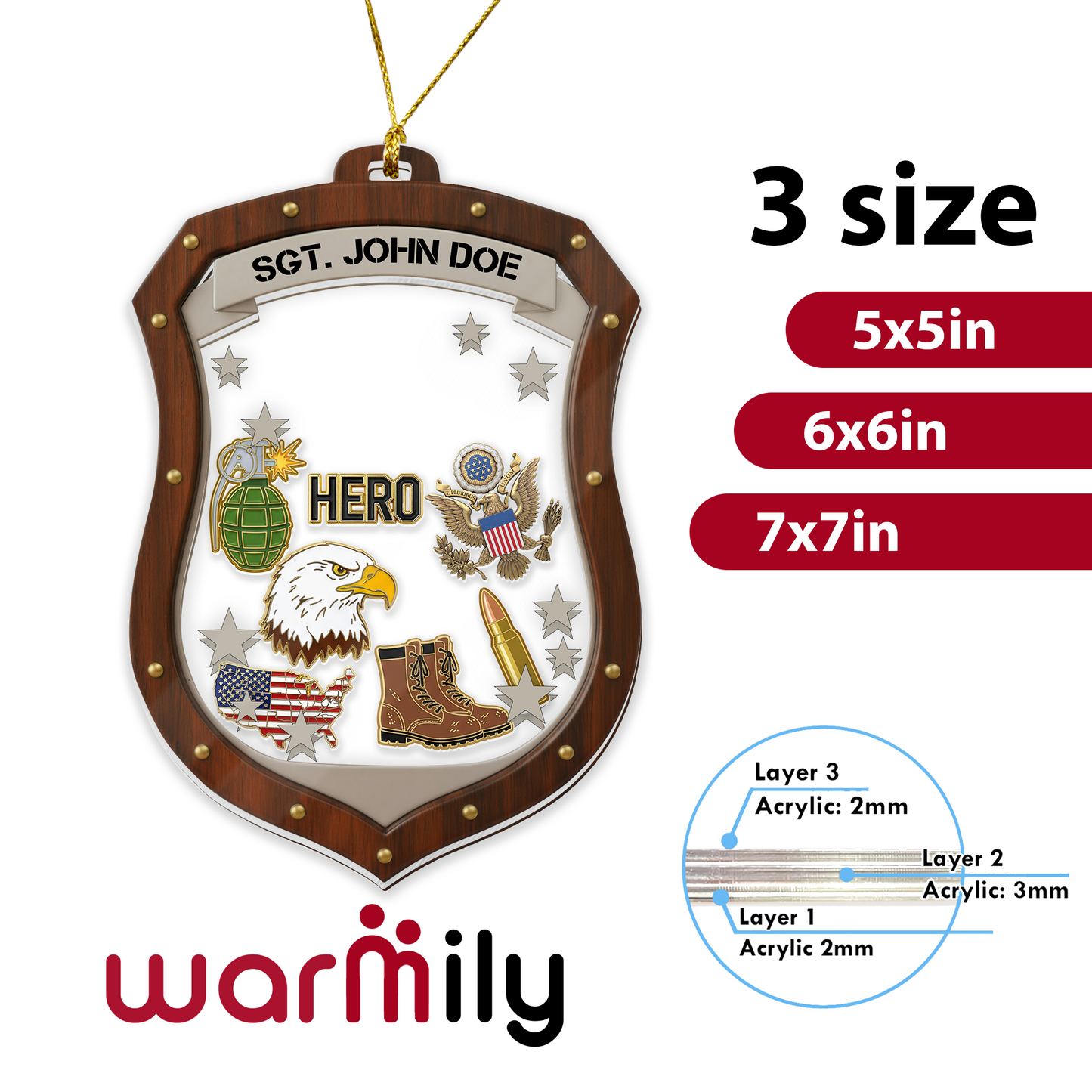 Personalized Military Hero Shield Ornament | Layered Keepsake for Soldiers & Veterans