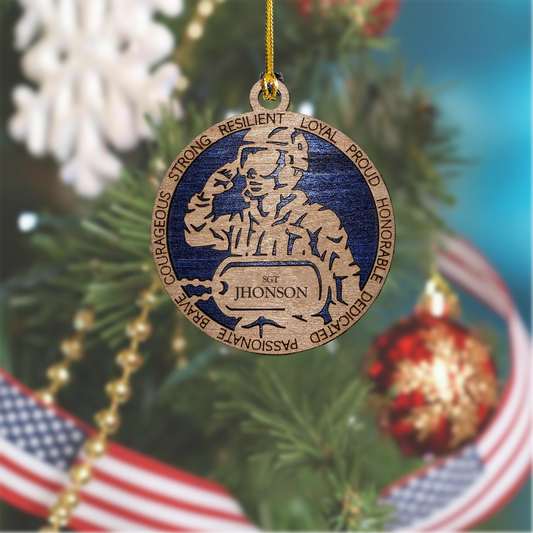 Custom Military Man Christmas Ornament - Wooden 3" Round, Personalized Dog Tags
