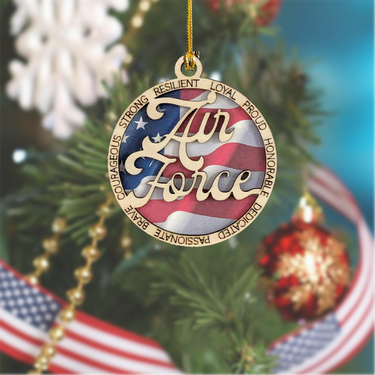Air Force Wooden Christmas Ornament - Handcrafted 3" Laser Cut Patriotic Military Decor - Great Soldier Gift