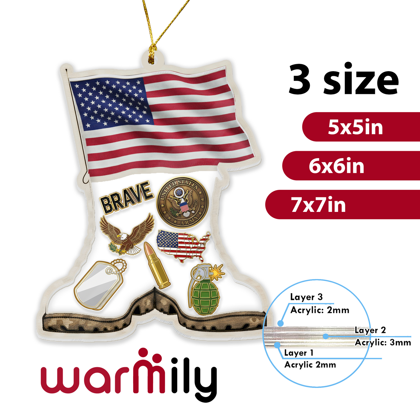 Personalized 'Brave Soldier' Boots & Flag Ornament | Shaker Keepsake with Custom Dog Tag