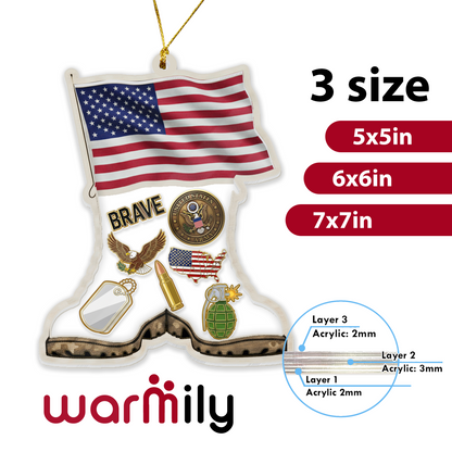 Personalized 'Brave Soldier' Boots & Flag Ornament | Shaker Keepsake with Custom Dog Tag