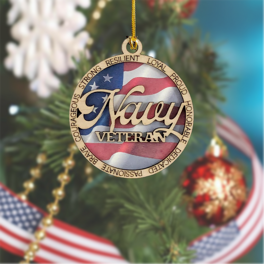 Navy Wooden Christmas Ornament - Handcrafted 3" Laser Cut Patriotic Military Decor - Great Soldier Gift