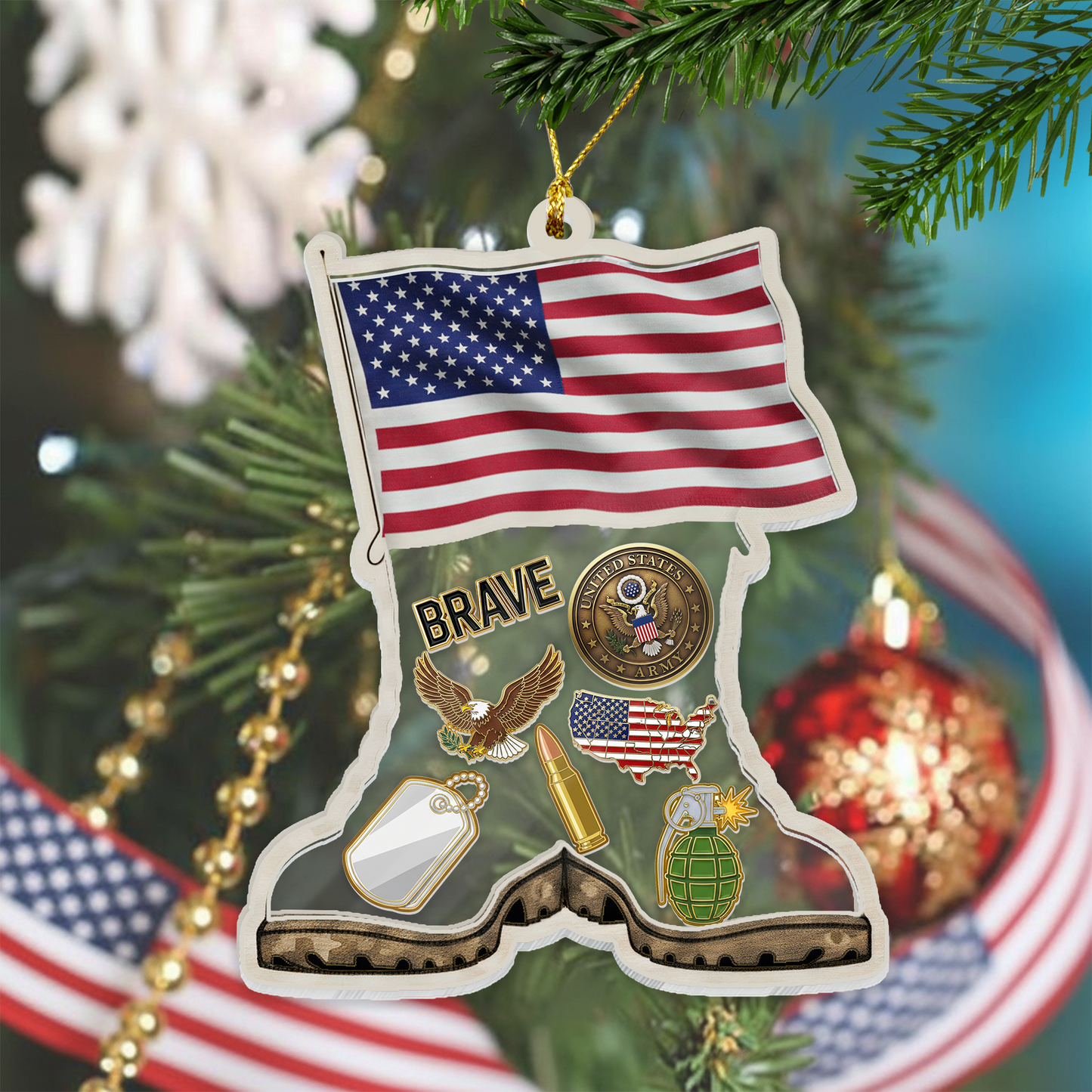 Personalized 'Brave Soldier' Boots & Flag Ornament | Shaker Keepsake with Custom Dog Tag
