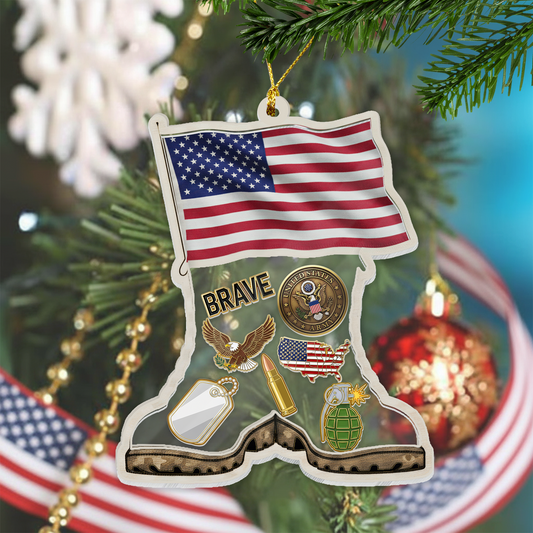 Personalized 'Brave Soldier' Boots & Flag Ornament | Shaker Keepsake with Custom Dog Tag