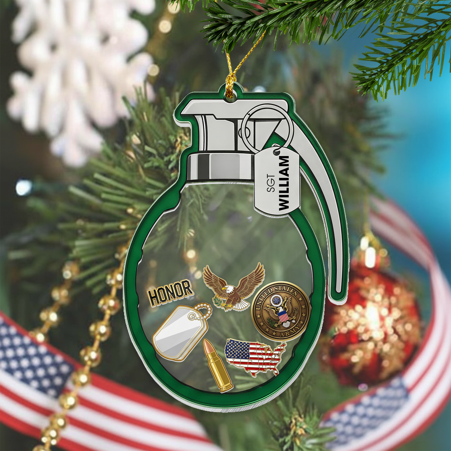 Personalized 'Badge of Honor' Grenade Ornament | Shaker Keepsake with Custom Dog Tag
