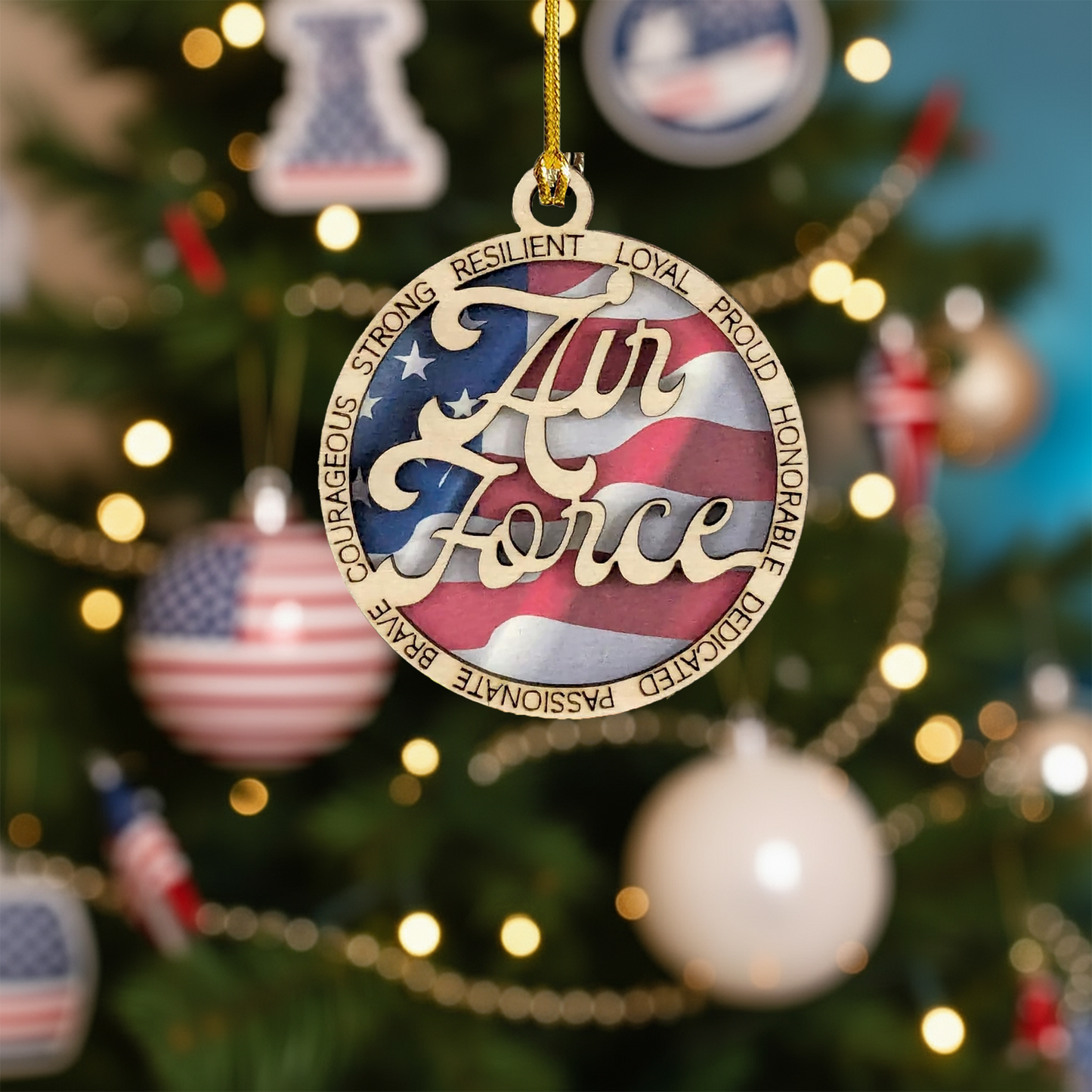 Air Force Wooden Christmas Ornament - Handcrafted 3" Laser Cut Patriotic Military Decor - Great Soldier Gift