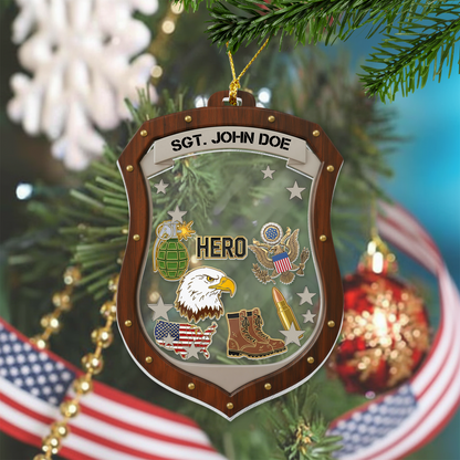 Personalized Military Hero Shield Ornament | Layered Keepsake for Soldiers & Veterans