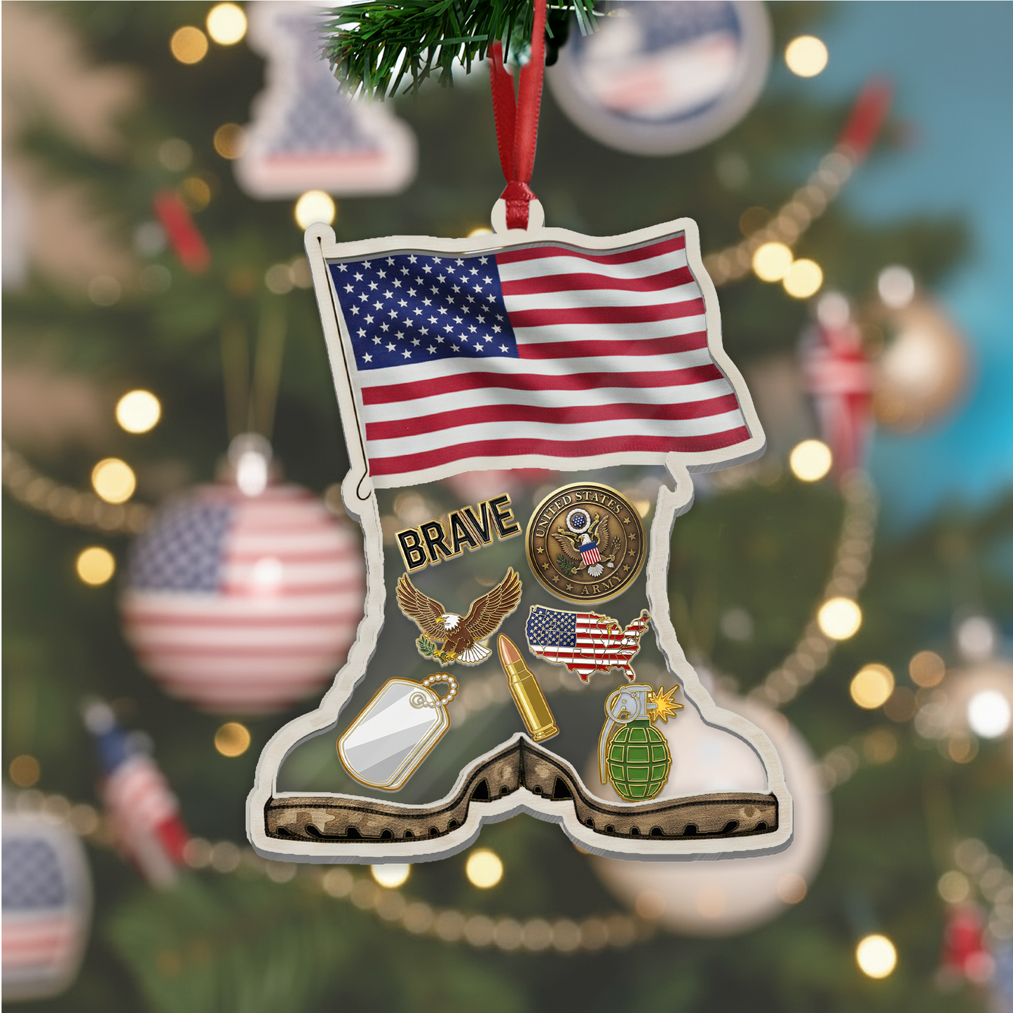 Personalized 'Brave Soldier' Boots & Flag Ornament | Shaker Keepsake with Custom Dog Tag