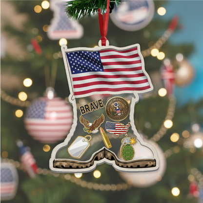 Personalized 'Brave Soldier' Boots & Flag Ornament | Shaker Keepsake with Custom Dog Tag