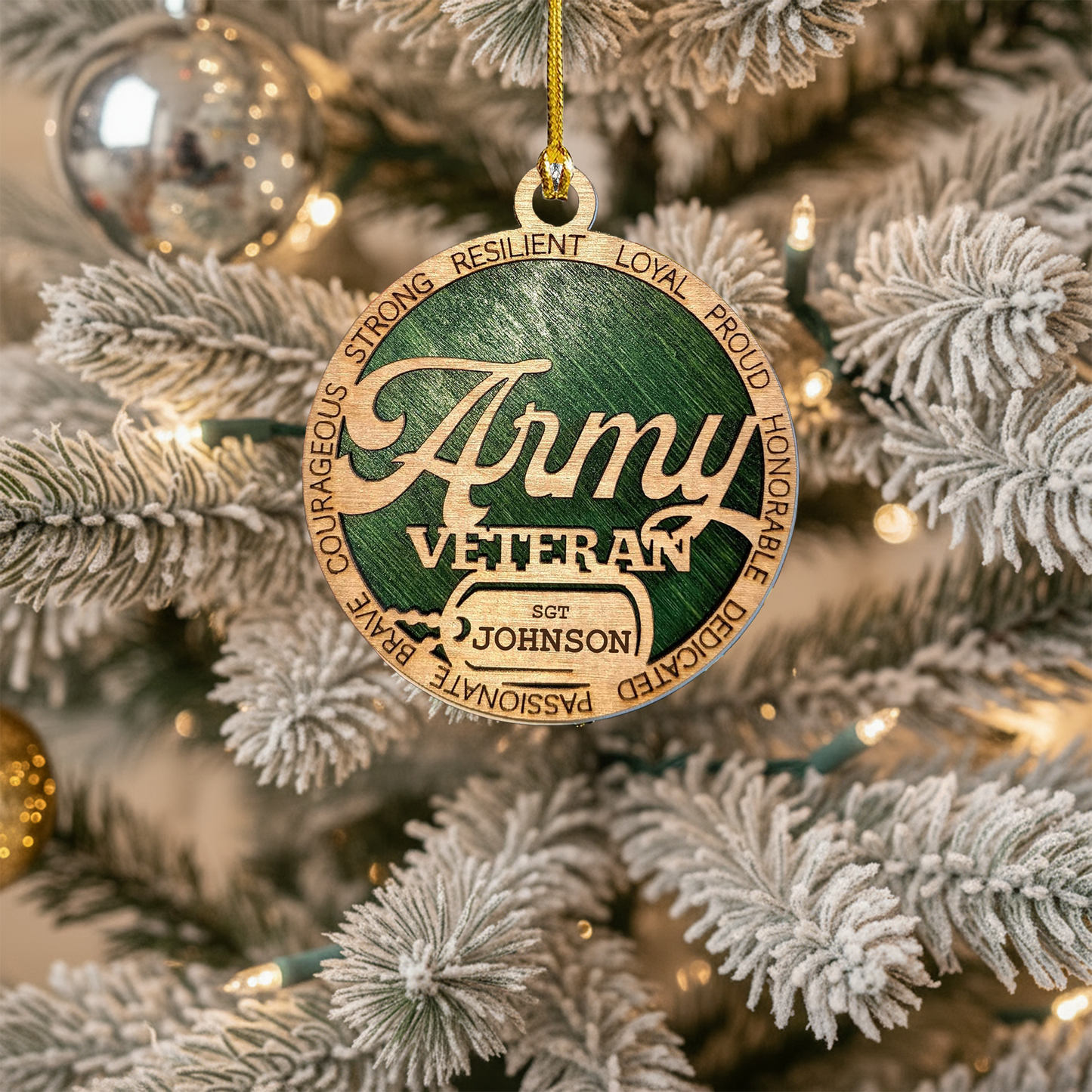 Personalized Army Wooden Christmas Ornament - Patriotic Military Decor with Custom Dog Tags - Great Soldier Gift