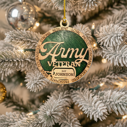Personalized Army Wooden Christmas Ornament - Patriotic Military Decor with Custom Dog Tags - Great Soldier Gift