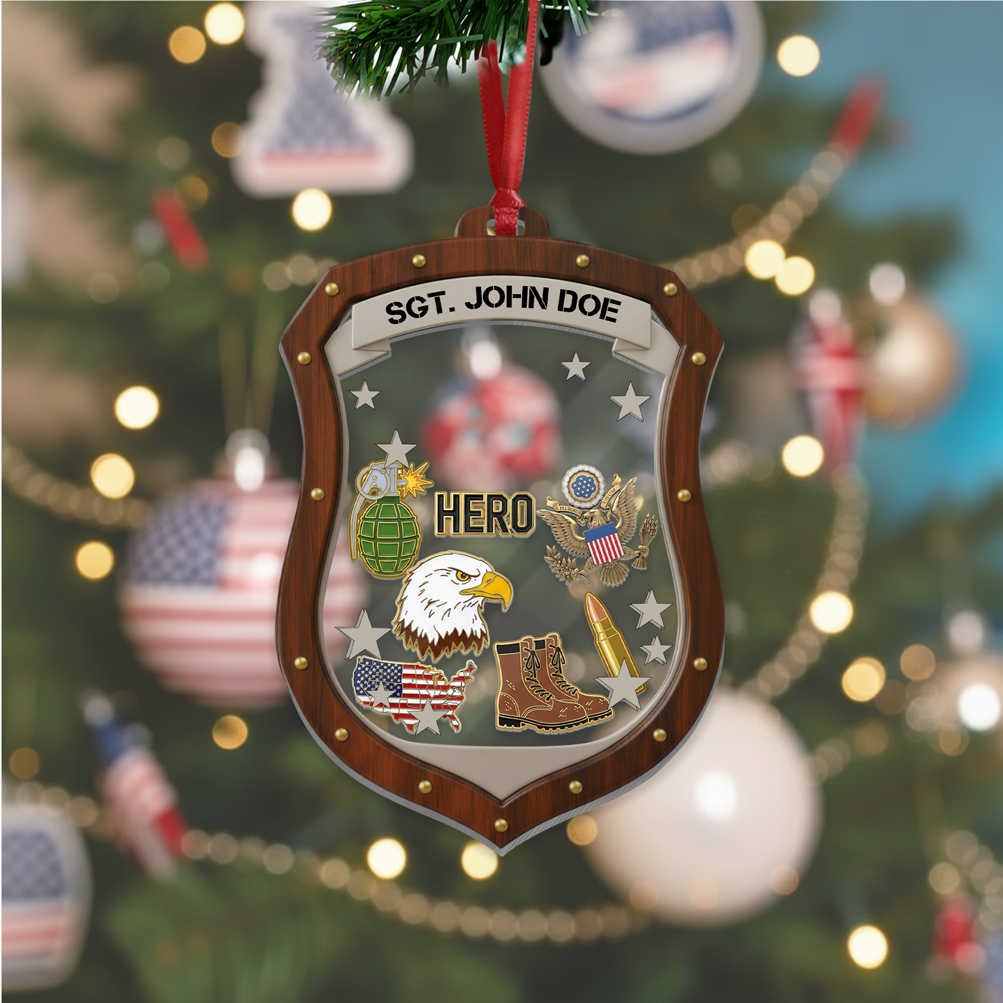 Personalized Military Hero Shield Ornament | Layered Keepsake for Soldiers & Veterans