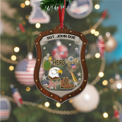 Personalized Military Hero Shield Ornament | Layered Keepsake for Soldiers & Veterans