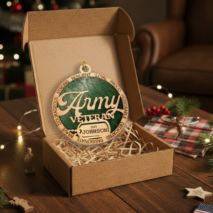 Personalized Army Wooden Christmas Ornament - Patriotic Military Decor with Custom Dog Tags - Great Soldier Gift