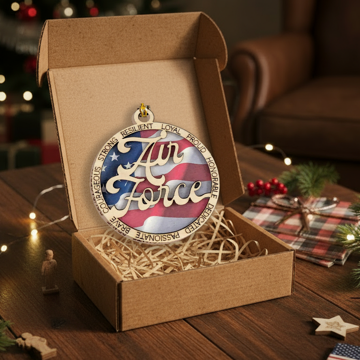Air Force Wooden Christmas Ornament - Handcrafted 3" Laser Cut Patriotic Military Decor - Great Soldier Gift