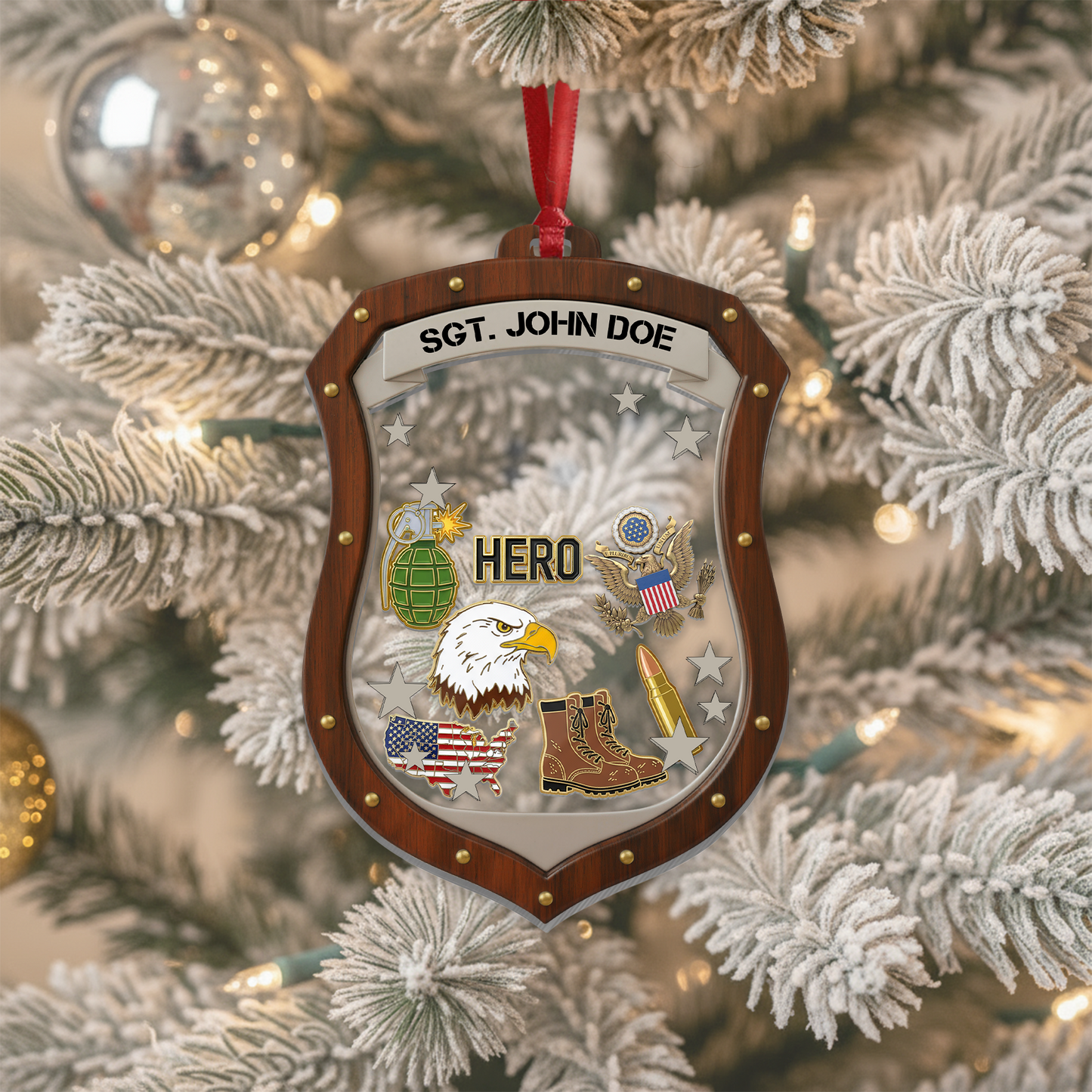Personalized Military Hero Shield Ornament | Layered Keepsake for Soldiers & Veterans