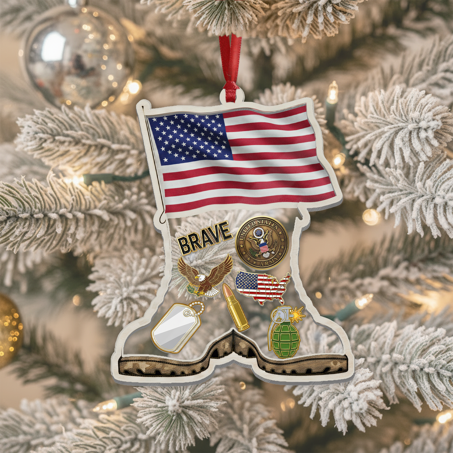Personalized 'Brave Soldier' Boots & Flag Ornament | Shaker Keepsake with Custom Dog Tag