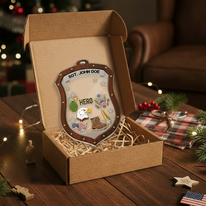 Personalized Military Hero Shield Ornament | Layered Keepsake for Soldiers & Veterans