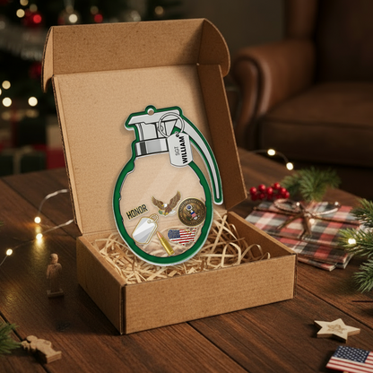 Personalized 'Badge of Honor' Grenade Ornament | Shaker Keepsake with Custom Dog Tag