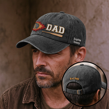 Custom Embroidered DAD Hat | Flaming Baseball | Personalized Names