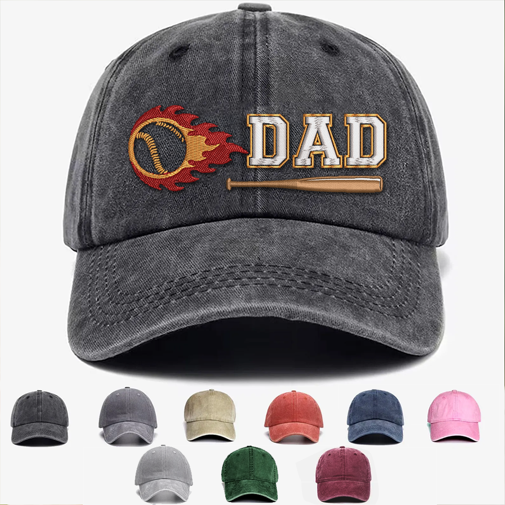 Custom Embroidered DAD Hat | Flaming Baseball | Personalized Names