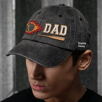 Custom Embroidered DAD Hat | Flaming Baseball | Personalized Names