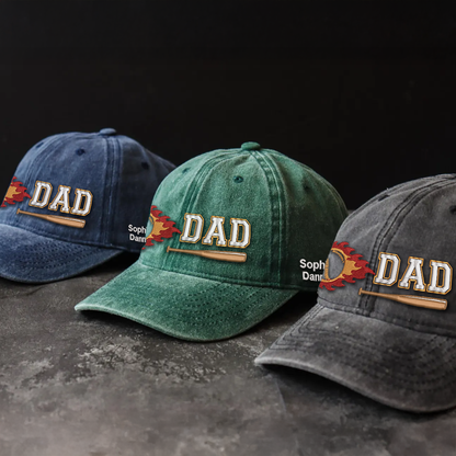 Custom Embroidered DAD Hat | Flaming Baseball | Personalized Names