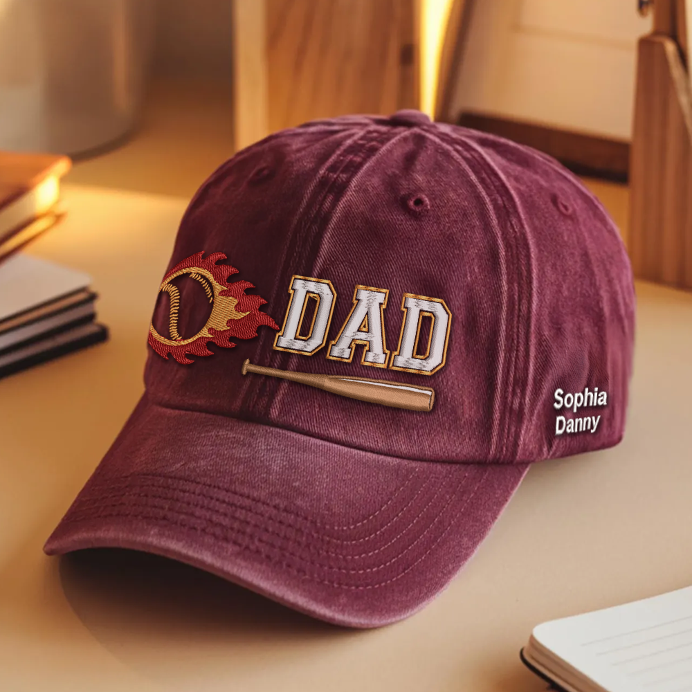 Custom Embroidered DAD Hat | Flaming Baseball | Personalized Names
