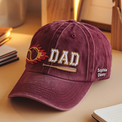 Custom Embroidered DAD Hat | Flaming Baseball | Personalized Names
