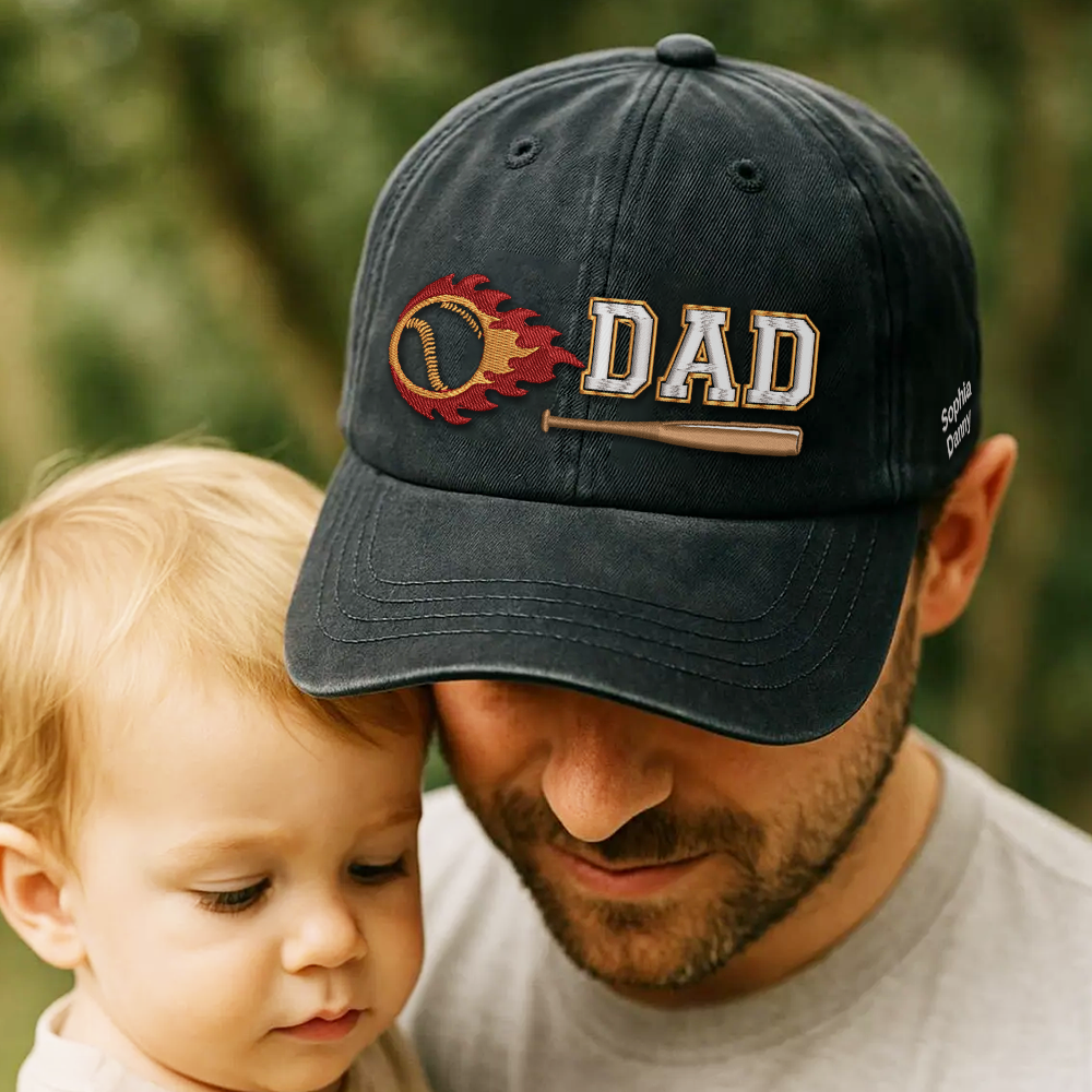 Custom Embroidered DAD Hat | Flaming Baseball | Personalized Names