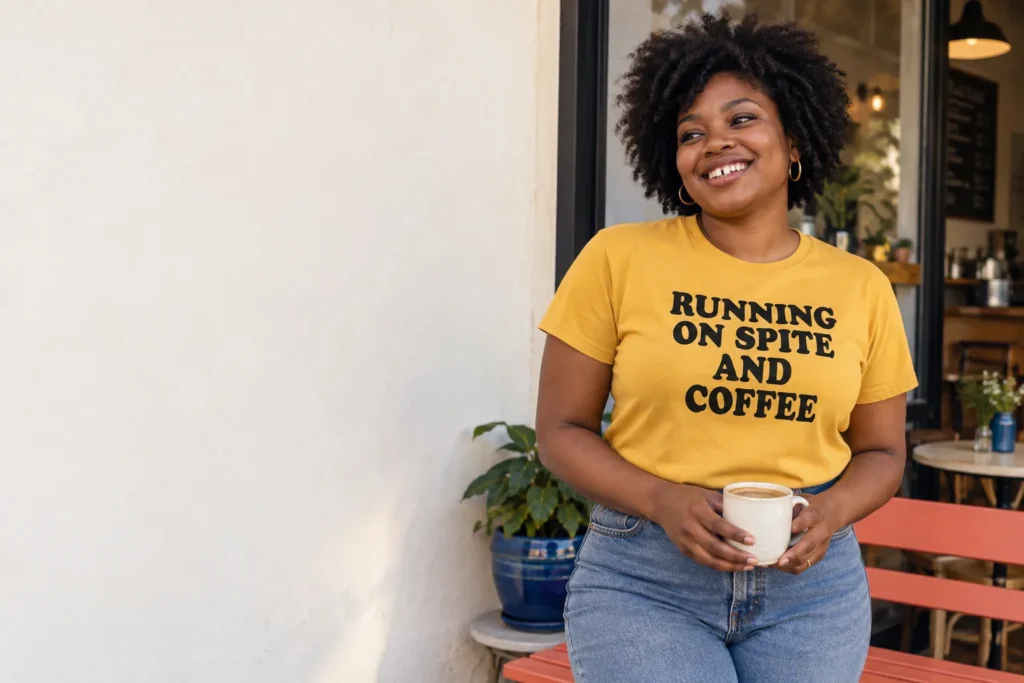 Woman in a mustard Running on Spite and Coffee tee holding a coffee cup outside a cafe