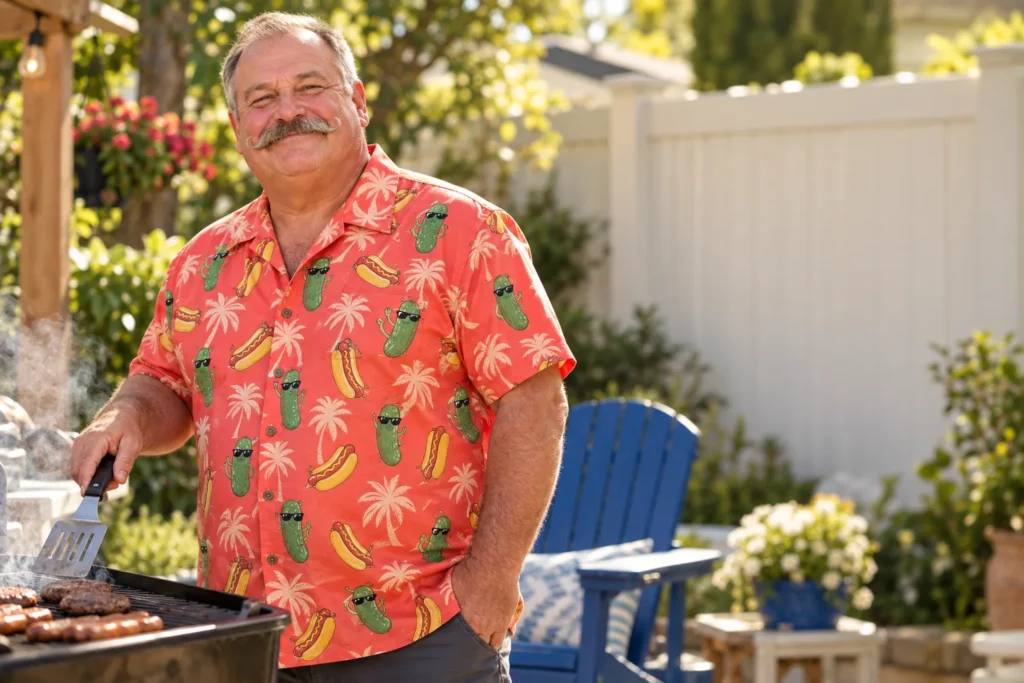 Smiling man in a pickle-print Hawaiian shirt grilling in a backyard