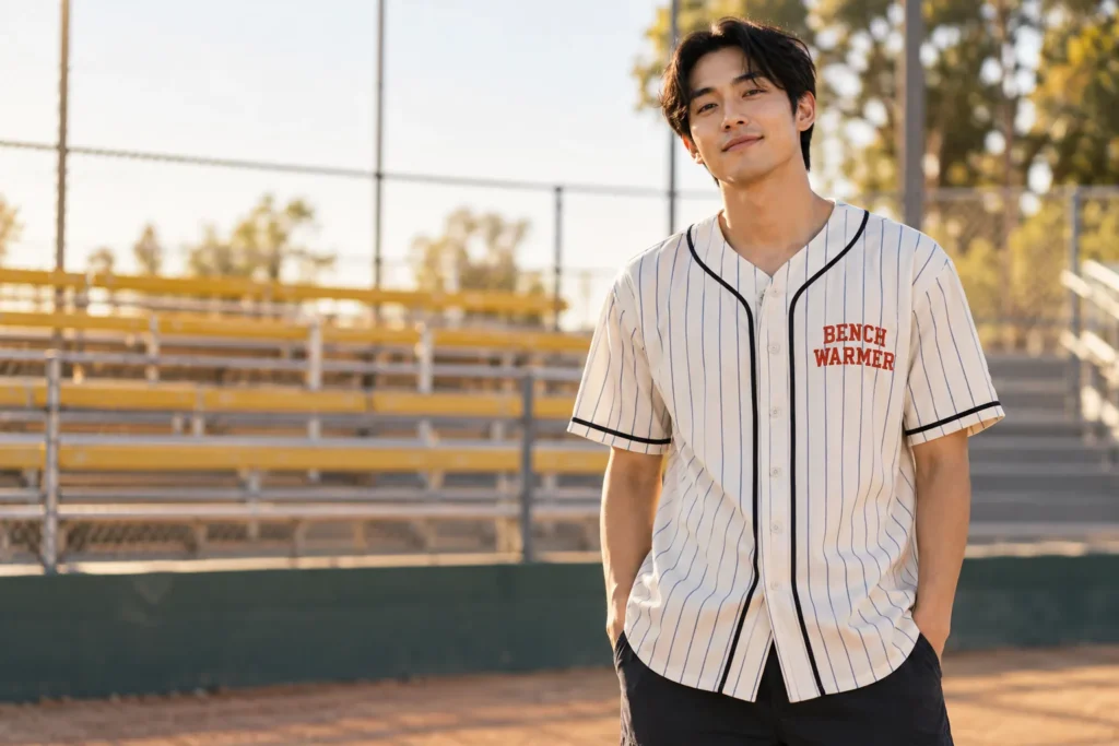 Man in a pinstriped Bench Warmer baseball jersey at a ballpark