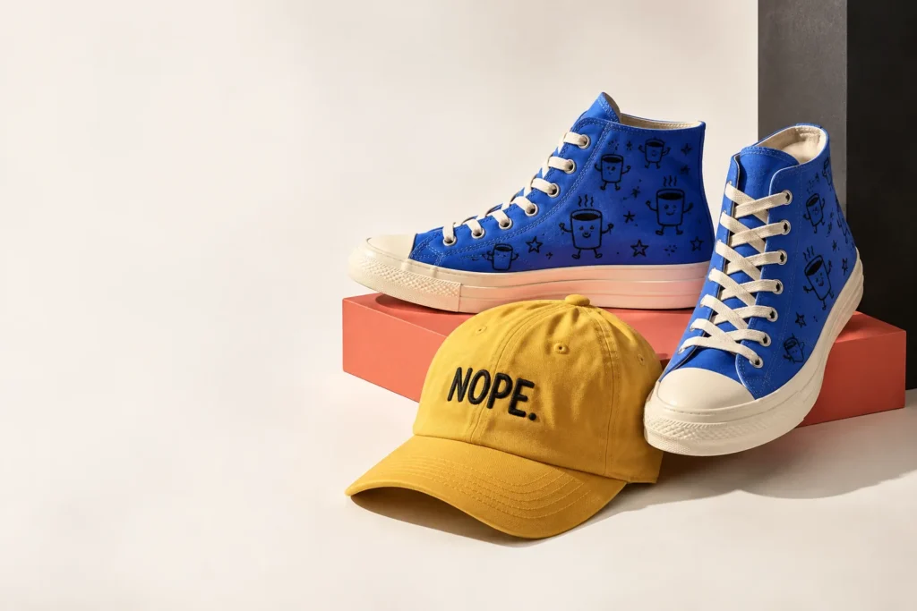 Blue printed high-top sneakers and a yellow Nope dad hat