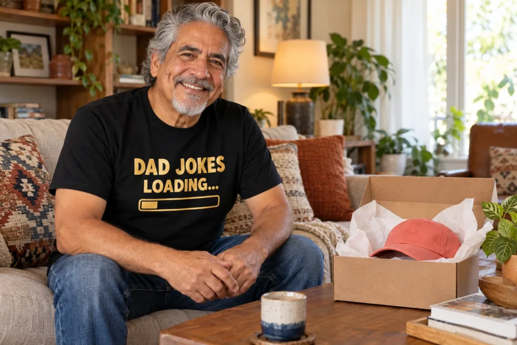 Man in a Dad Jokes Loading tee next to a gift box with a coral cap