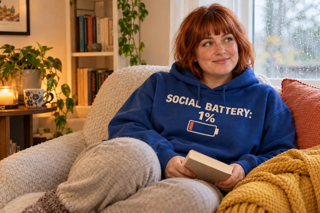 Woman in a Social Battery 1% hoodie relaxing on a couch with a book