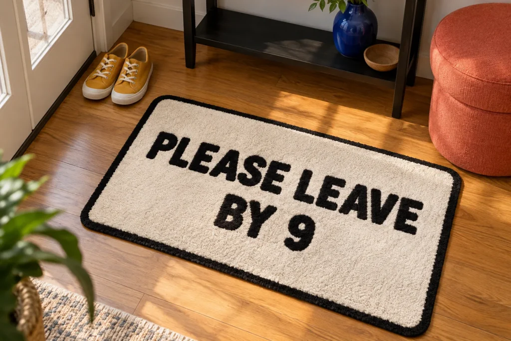 Doormat that reads Please Leave By 9 in a sunny entryway