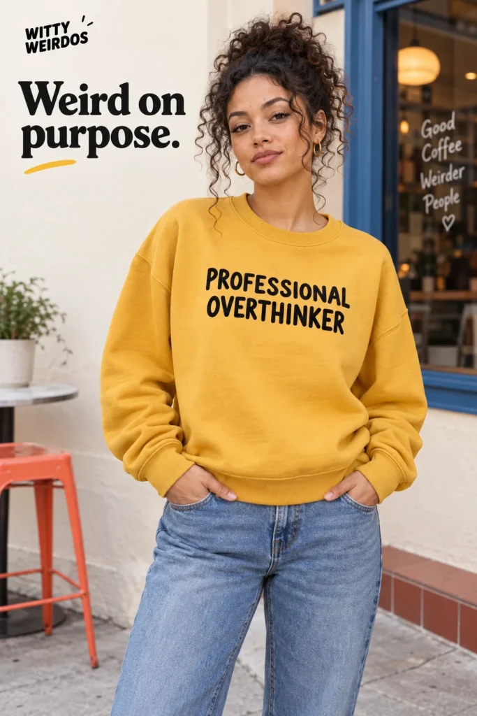 Woman in a mustard Professional Overthinker sweatshirt outside a cafe