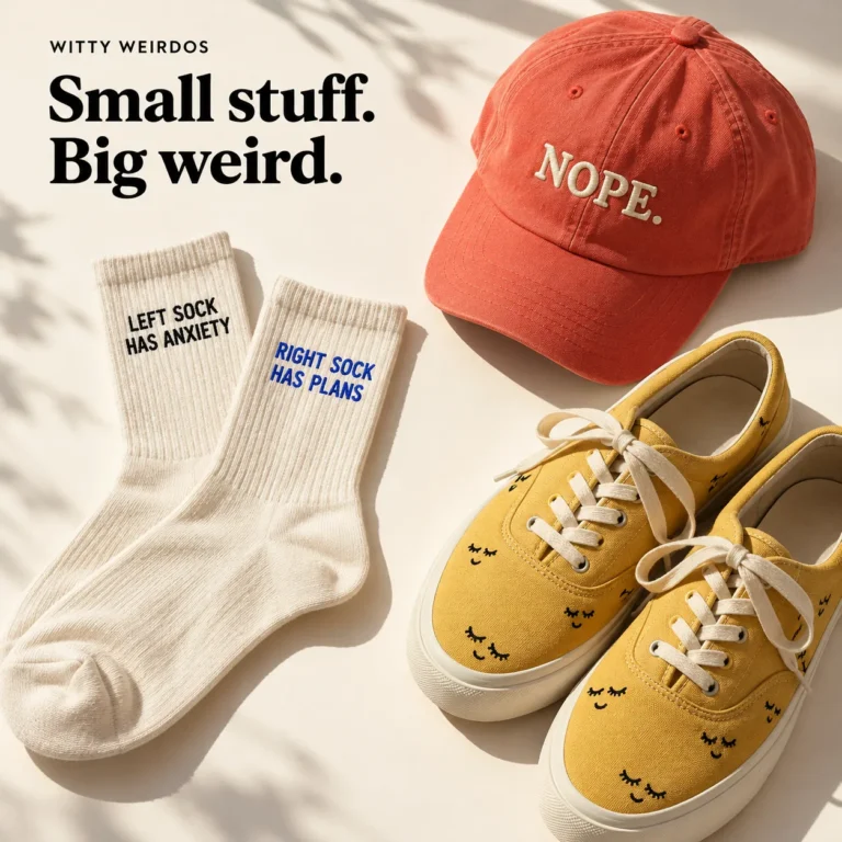 Left Sock Has Anxiety socks, a coral Nope hat and yellow sleepy-eye sneakers