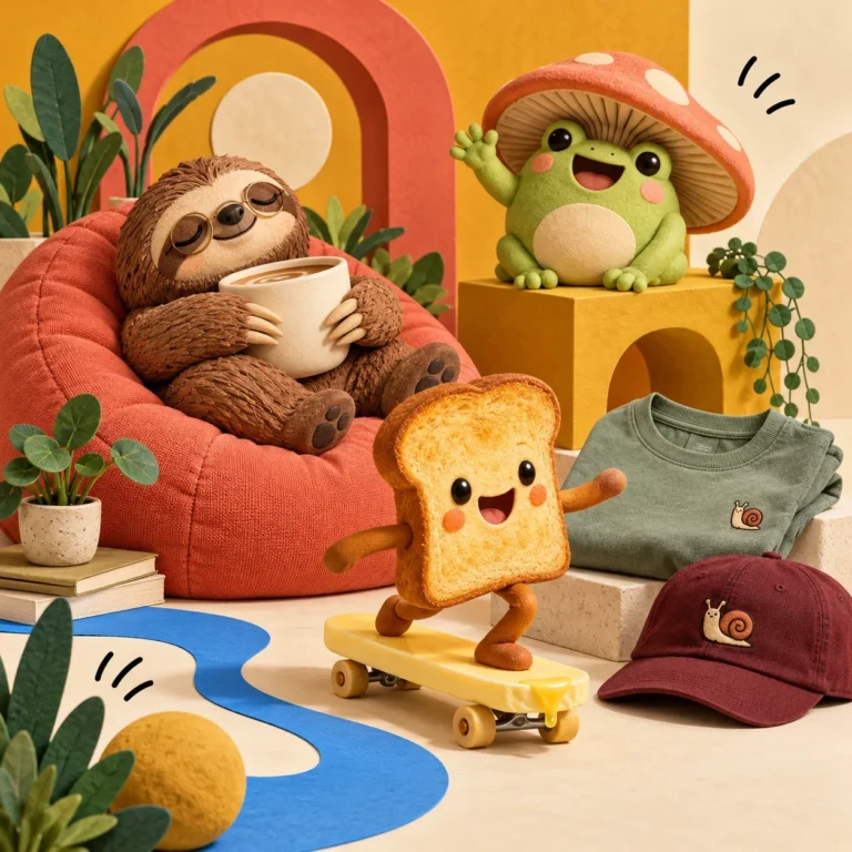 Felt sloth with coffee, frog in a mushroom hat and a toast on a butter skateboard
