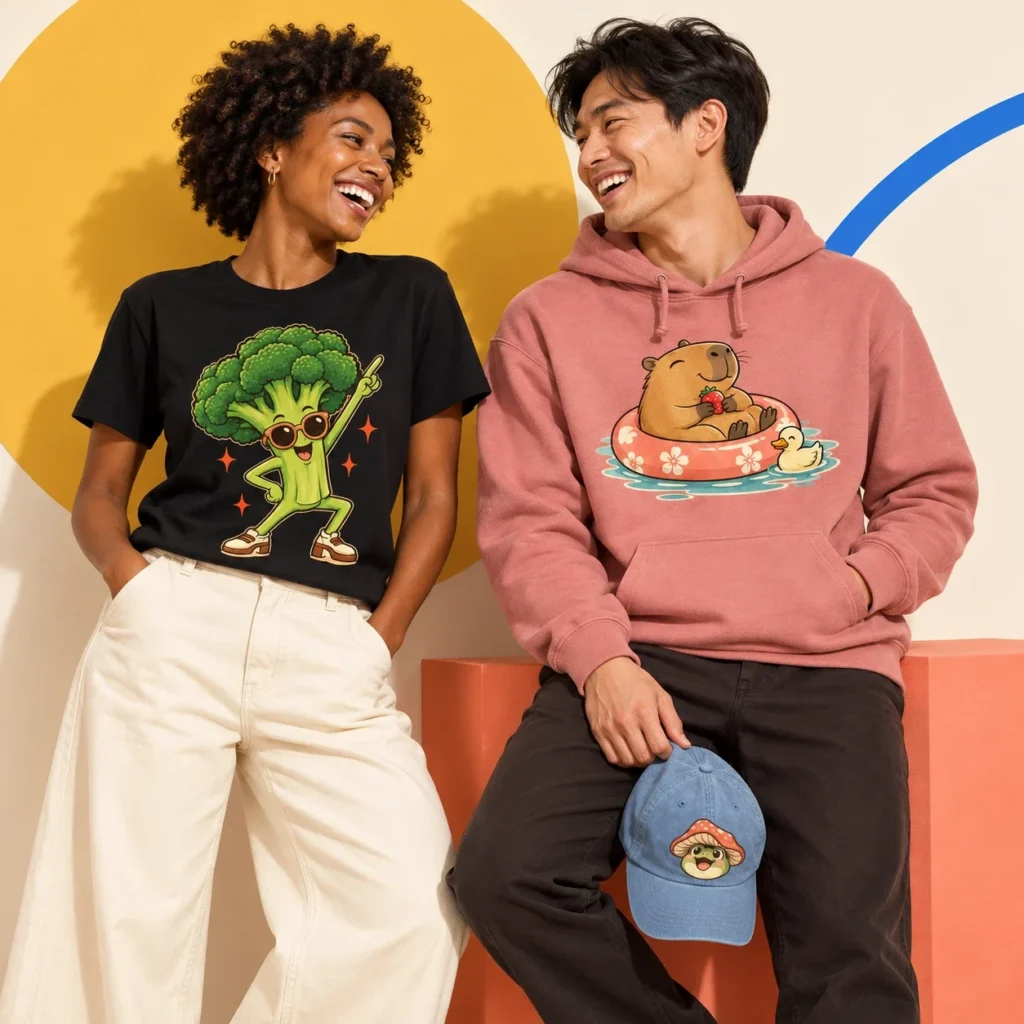 Two friends laughing in a broccoli tee and a capybara hoodie, holding a frog dad hat