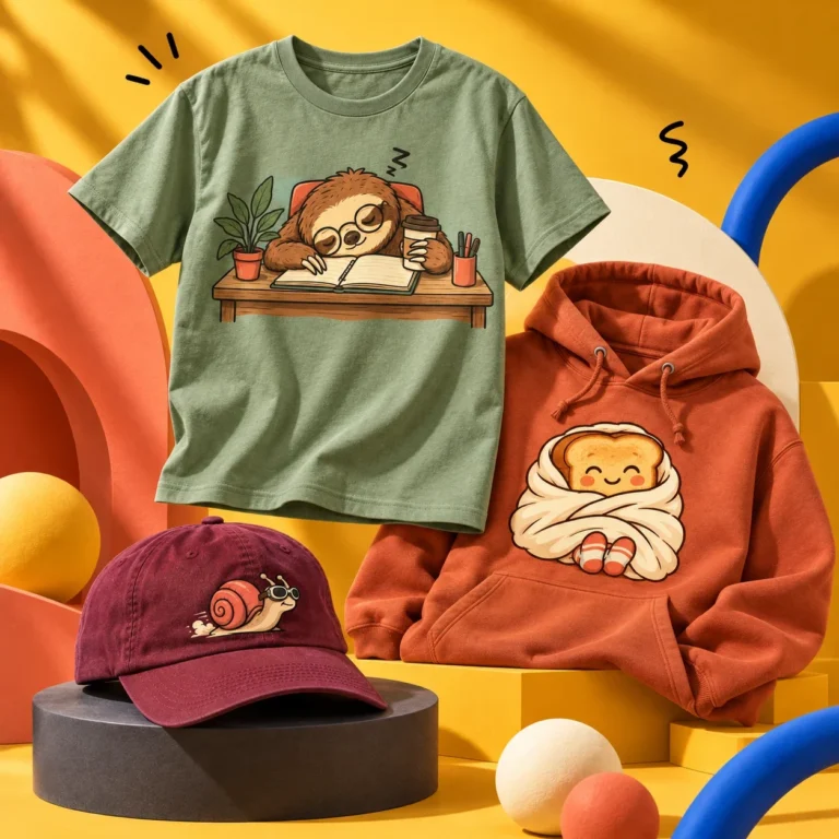 Sloth tee, toast hoodie and snail dad hat on a bright yellow set
